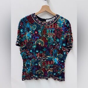 Vintage Black Tie Oleg Cassini Multicolor Sequin & Beaded Women's Blouse